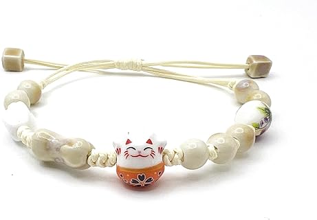 Handmade Braided Rope Ceramic Beads Cute Lucky Cat Bracelet, Cute Cat Bracelet, Maneki Neko Bracelet