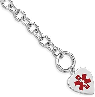 Hidden Safety Clasp Sterling Silver Medical ID Bracelet with Cable Chain and Enamel Heart Design for Men and Women by Jewels By Lux