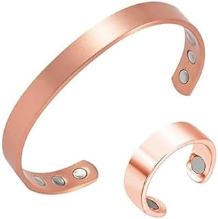 No Clasp Vintage Copper Cuff Bracelet and Ring Set for Men and Women, Artistic Design for Lymph Drainage and Arthritis Relief