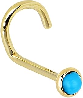 Solid 14k Yellow Gold Nose Stud with 2mm Turquoise Gem for Left Nostril, Handcrafted in USA, Secure Screw 20G - Elegant Piercing Jewelry Design
