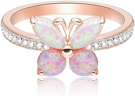 Morgan & Paige 14K Rose Gold Butterfly Ring - Plated .925 Sterling Silver Pink Opal Butterfly Ring For Women - Lab Created Sapphire Ring With Eye Motif Centerpiece