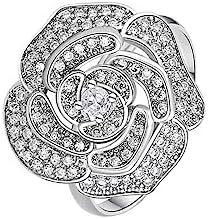 Luxury Camellia Flower Cubic Zirconia Open Statement Rings for Women Girls Dainty 18K Real White Gold Plated Sparkly Crystal Flowers Engagement Wedding Finger Ring Xmas Valentine's Day Jewelry Gifts Girlfriend BFF