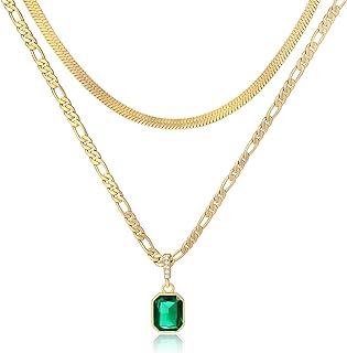ACECHA Gold Layered Necklaces for Women, 18K Gold Plated Emerald Pendant Rectangle Necklaces for Teen Girls, Layering Choker Necklace Jewelry Gifts