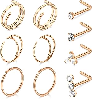 QWALIT 18g 20g Nose Rings Studs L Shape Surgical Stainless Steel Nose Ring Hoop Nose Screw Nostril Nose Piercing Jewelry CZ C Shape Nose Hoops Silver Rose Gold Black for Women Men