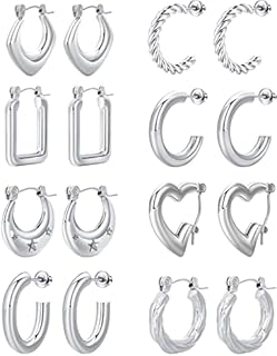 8 Pairs Stainless Steel Chunky Gold Silver Hoop Earrings Set,Gold Earrings for Women,Hypoallergenic Hoop Huggie Trendy Jewelry Earrings for Women and Girls