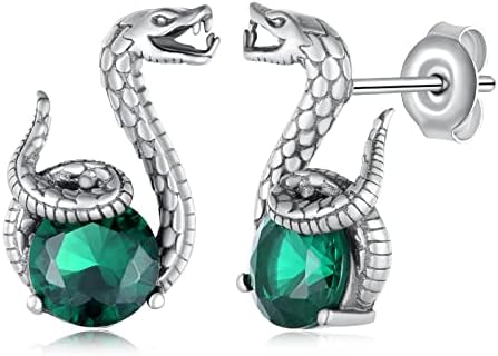 Push Back Slytherin Wedding Ring Sterling Silver Snake Stud Earrings with Cubic Zirconia for Women/Girls