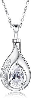 Sterling Silver Teardrop Urn Pendant Necklace with Rolo Chain and Lobster Clasp, Blue Gem Accent for Women - Memorial Cremation Keepsake Jewelry for Wife Mother