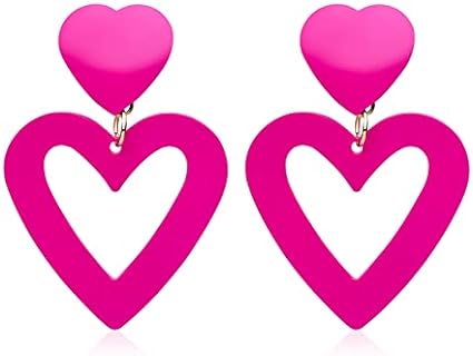 Chic Pink Heart Dangle Earrings with Zinc Chain for Women, Double Heart Puffy Design