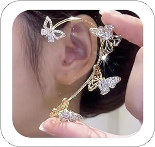 2Pcs Zinc Alloy Rhinestone Butterfly Design Cuff Wrap Around Earrings with Push-Back Clasp for Women