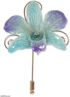 NOVICA Handmade Natural Orchid Goldplated Stickpin Flower Leaf No Stone Thailand Floral [2.8 in L x 1.8 in W x 0.8 in D] 'Forever Blue'