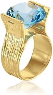 Stunning 14K Gold Over Sterling Silver Aquamarine Cubic Zirconia Statement Ring: Aesthetic Textured Design for Women