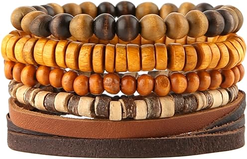 HZMAN Wrap Bracelets Men Women, Hemp Cords Wood Beads Ethnic Tribal Bracelets, Leather Wristbands