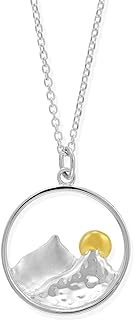 Spring Ring Clasp Sterling Silver Mountain Necklace with 14KT Gold Sun Pendant - Link Chain for Women - Unique Nature-Inspired Design