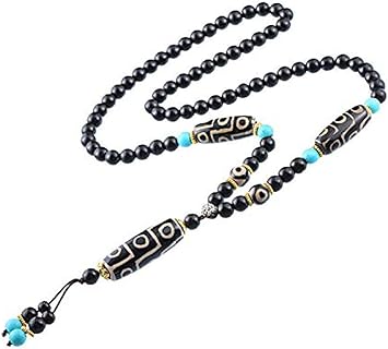 ZenBless Dzi Beads Tibetan Necklace Mala Beads Feng Shui Meditation Amulet Three Eyes Nine Eyes Dzi Bead Necklace Good Luck Gifts for Women Men