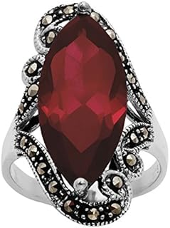 Silverly Women's 925 Sterling Silver Simulated Marcasite Red Cubic Zirconia Oval Cut Swirl Ring