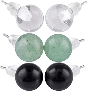 Unisex Silver-Plated 3-Pack Stud Earrings Set with Rock Quartz, Green Aventurine & Black Obsidian Stones