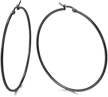Pair Stainless Steel Large Black Plain Circle Huggie Hinged Hoop Earrings for Women