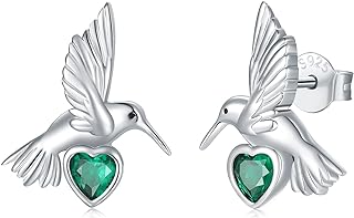 Silver Hummingbird Earrings Gifts for Women - 925 Sterling Silver Love Heart Hummingbird Earring Jewelry for Women, Green Heart Cubic Zirconia Humming Bird Stud Earrings Gift for Girls