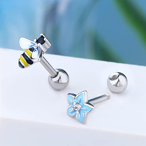 2PCS 16G Helix Earrings, 316L Stainless Steel Tragus Earring Studs, Flower Cartilage Earrings, Colorful Gem Helix Piercing Jewelry