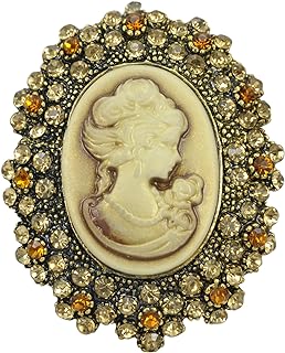 Gyn&Joy Antique Silvery Tone Simulated Pearl Blue Crystal Vintage Cameo Lady Brooch Pin