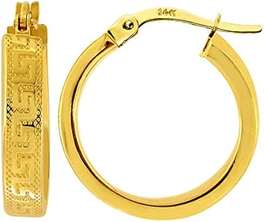 14K Yellow Gold Greek Key Hoop Earrings with Post Snap Down Back Finding for Women, Round Design