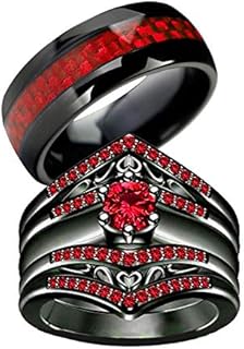 Two Rings His Hers Wedding Ring Sets Couples Matching Rings Women's 2pc Black Gold Plated Red CZ Wedding Engagement Ring Bridal Sets Men's Tungsten Carbide Band Wedding Band