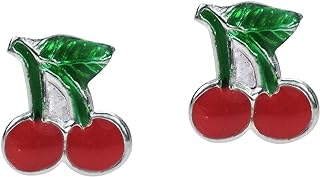 Whimsical Red Cherry Enamel Stud Earrings in .925 Sterling Silver | Quirky Fruit-Shaped Jewelry for Women | Sterling Silver with Push Back Closure | Ideal Gift for Daughters