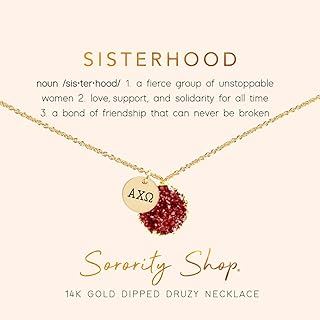 Sorority Shop ACO Necklace - Alpha Chi Omega Red Druzy Gemstone Necklace With Engraved Pendant – 14K Gold Dipped Jewelry with Red Gemstone – Sorority Gift, Charm Paraphernalia