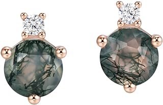 Moss Agate and Cubic Zirconia Stud Earrings with Push-Back for Women, Round Design in 18K Rose Gold Plated Sterling Silver