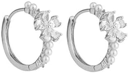 Hinged Hoop 14K Gold Pearl Earrings with Moissanite Flowers - Perfect Gift for Her - Elegant Design for Special Occasions & Everyday Wear