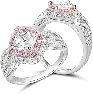 DovEggs Moissanite Engagement Rings for Women 2ct/1.5ct GHI Princess/Cushion Cut Lab Grown Moissanite Wedding Ring Solitaire Double Halo Pink Sapphire Accents 14K Gold QUALITY Two Tone Sterling Silver