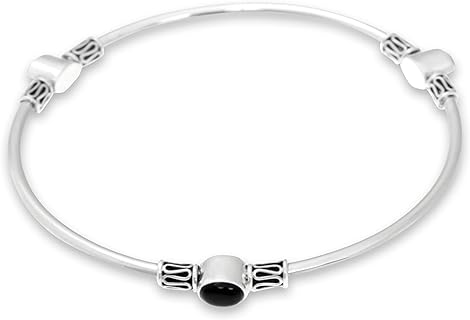 NOVICA Handmade .925 Sterling Silver Onyx Bangle Bracelet Balinesestyle Large Black Indonesia Birthstone 'Harmony of Three'Large