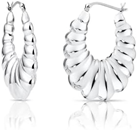 Sterling Silver Shrimp-textured Medium Oval Hoop Earrings