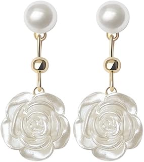 YAXUN Boucles d'Oreilles Perles pour Femme en Argent Sterling 925, Élégantes et Exquises avec Fleur de Camélia Rose Pendante, Taille 28x12mm, Idéales pour Tenue Décontractée et Événements Festifs