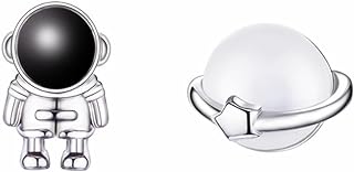 Push-Back Copper Saturn Stud Earrings with Created Opal for Women and Teens in Asymmetric Spaceman Design