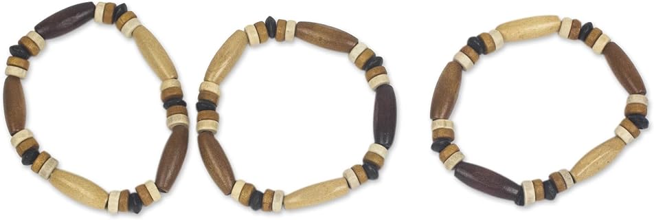 NOVICA Wood Bead Chain Bracelets | Handcrafted Stretch Style | Ghanaian Craftsmanship | Set of 3
