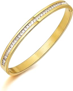 Monet Gold Bangle Bracelet with Cubic Zirconia and Box Chain Buckle Clasp for Women, Stainless Steel Crystal Jewelry