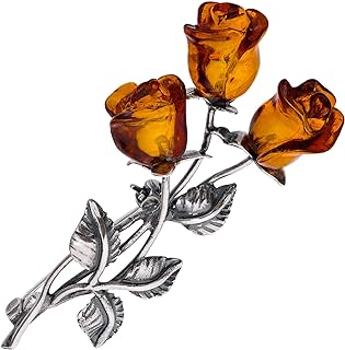 Women's Hand-Carved Amber Rose Brooch in Oxidised Sterling Silver with Spring Ring Clasp