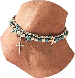 Yokawe Silver Cross Turquoise Anklet, Boho Layered Beaded Design, Charming Foot Jewelry for Women and Teens, Starfish Shape, Ideal for Summer Beach Outfits
