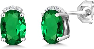 Gem Stone King 925 Sterling Silver Green Simulated Emerald and White Lab Grown Diamond Earrings For Women (1.26 Cttw, Oval 7X5MM)