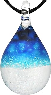 Hand Blown Glass Pear-Teardrop Pendant Necklace in Sea Sand Hues for Women with Lobster Clasp and Adjustable Cable Chain, Unique Blue-White Design
