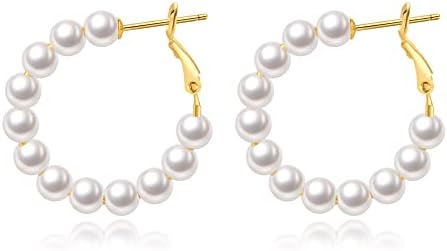 Pearl Hoop Earrings for Women Small Pearl Hoop Earrings 14K Gold Plated Lightweight Open Large Circle Round Pearl Earrings Jewelry Birthday Gift for Women Girls