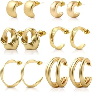 6 Pairs Gold Hoop Earrings Set for Women, 14K Gold Plated Lightweight Hypoallergenic Chunky Triple Twisted Open Hoops Studs Huggies Multiple Size Pack,Dainty Trendy Hollow Matte Earrings for