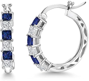 Gem Stone King 925 Sterling Silver Blue Created Sapphire and White Moissanite Hoop Earrings for Women | 1.56 Cttw | 3MM Princess Cut | 20MM