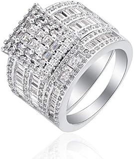 Ginger Lyne Collection Camilla Bridal Set for Women Square Cubic Zirconia Engagement Ring and Wedding Band Wide Width Statement Piece Baguette and Round Multi Cut Stones