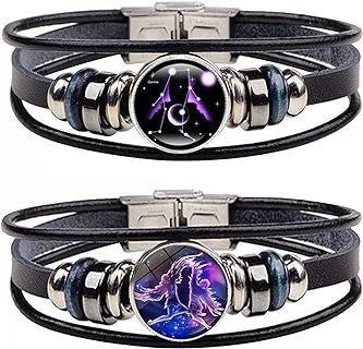 Lobster Claw Clasp Zodiac Bead Bracelets - Bead Chain, Leather Material for Women & Men - Punk Cuff Design