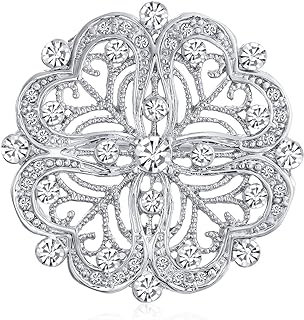 Vintage Antique Style Floral Heart Filigree CZ Brooch Pin For Women Silver Plated Brass