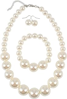 KOSMOS-LI Women's Rhodium-Plated Simulated Ivory Pearl Jewelry Set - Includes 19" Necklace, Bracelet & Earrings with Lobster Clasp