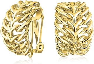 Clip-On Celtic-Inspired Leaf Feather Earrings - Yellow-Gold-Plated-Brass - Ideal for Women with Non Pierced Ears - Stylish Hoop Design