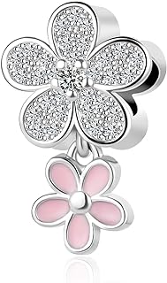 Round Clasp Diamond Charm Bracelet: Pink CZ Floral Design - Ideal Silver Dangle Gift for Women, Girls, Mom, Sister, Daughter, Granddaughter, Couples; Celebrate Christmas, Birthday, Anniversary